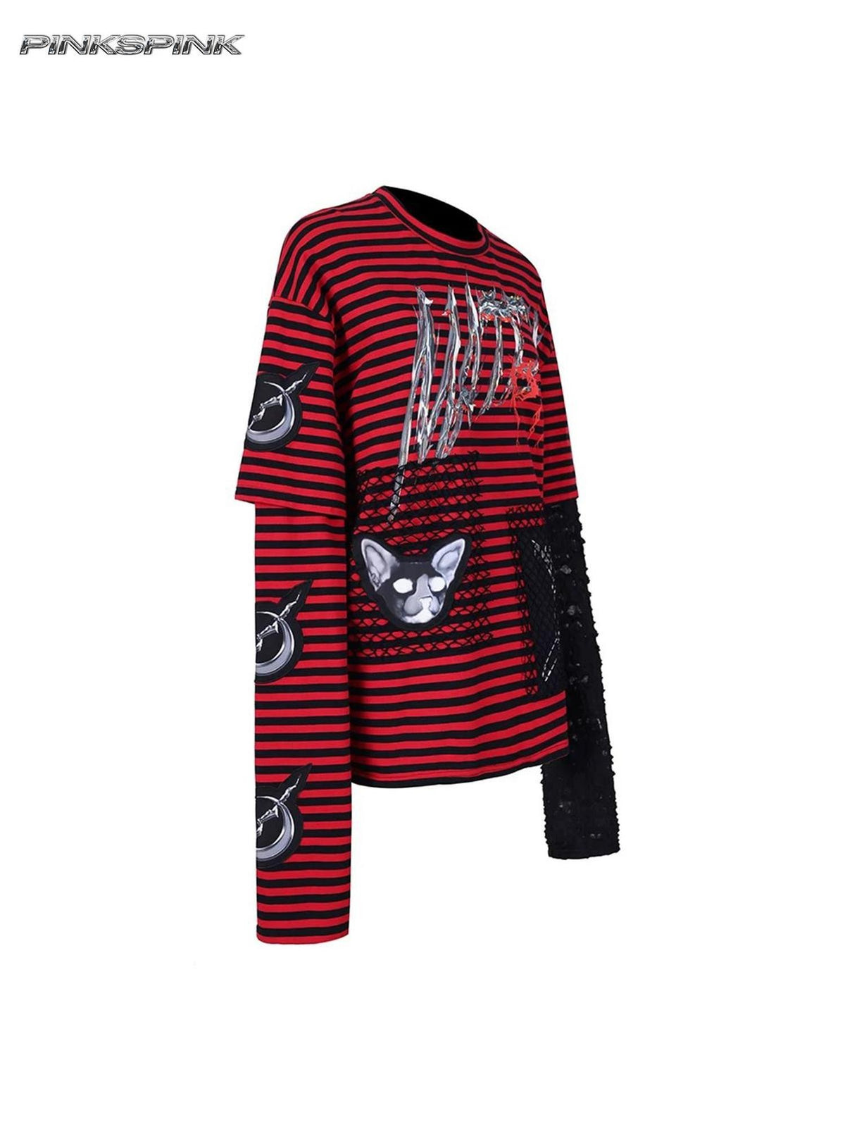 PINKSPINK Striped Patchwork Embroidered Ripped Women's Cotton Long Sleeve T-shirts