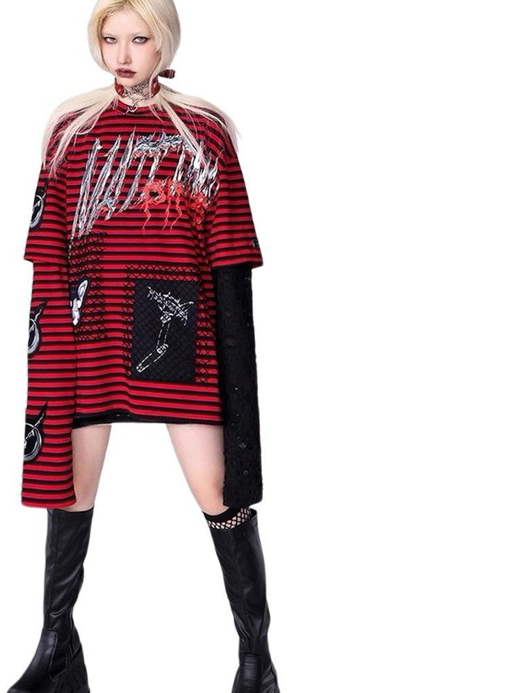 PINKSPINK Striped Patchwork Embroidered Ripped Women's Cotton Long Sleeve T-shirts