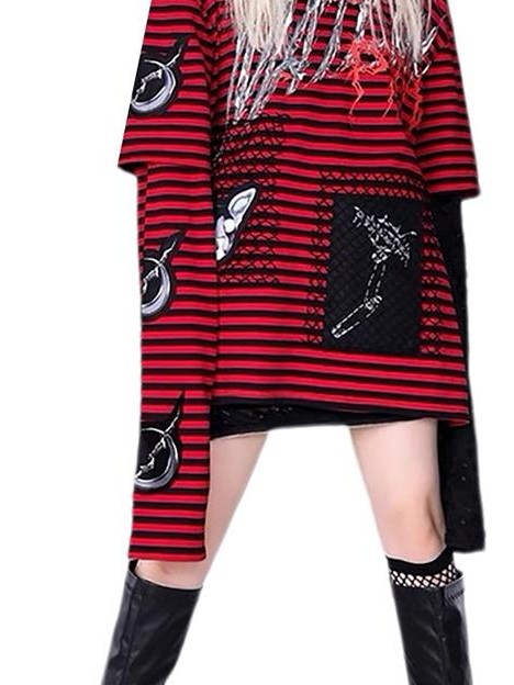 PINKSPINK Striped Patchwork Embroidered Ripped Women's Cotton Long Sleeve T-shirts