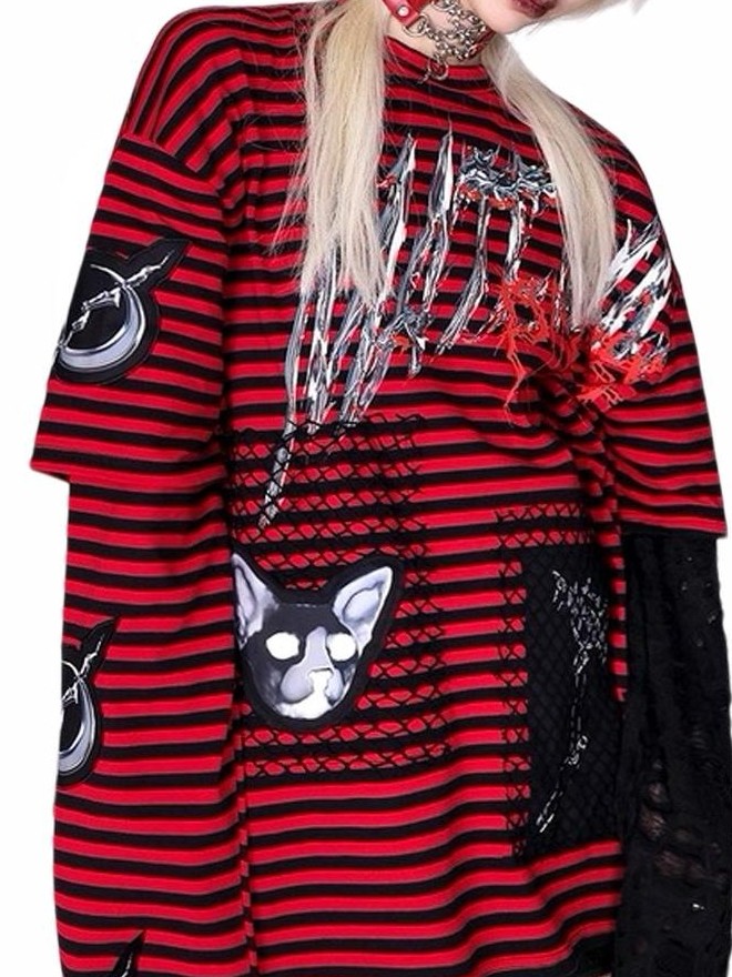 PINKSPINK Striped Patchwork Embroidered Ripped Women's Cotton Long Sleeve T-shirts