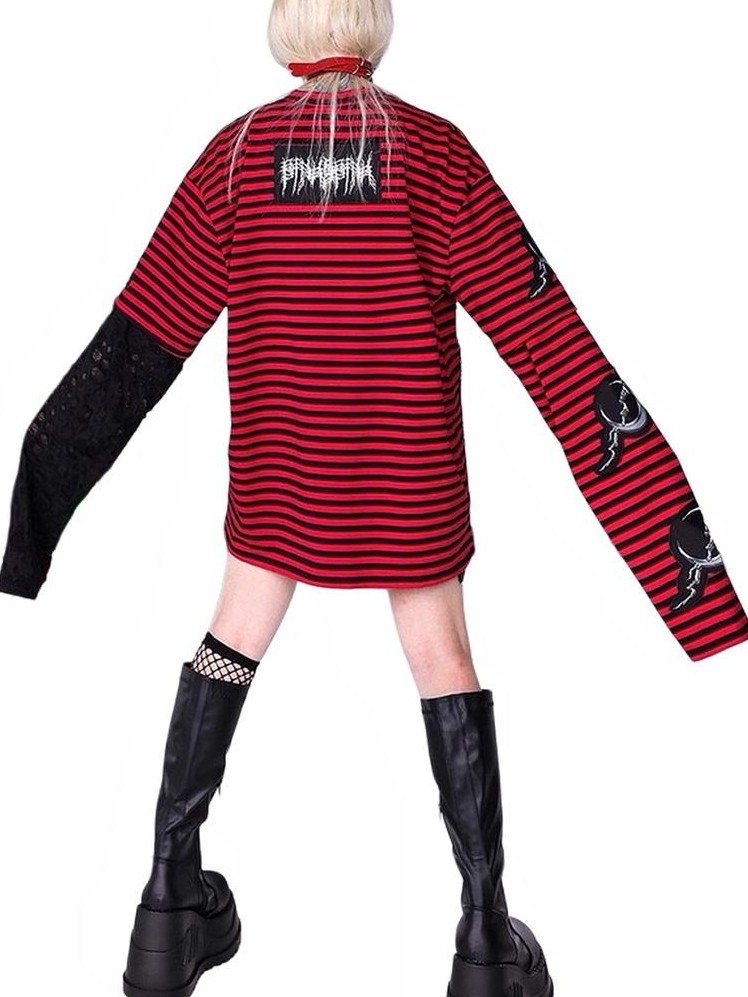 PINKSPINK Striped Patchwork Embroidered Ripped Women's Cotton Long Sleeve T-shirts