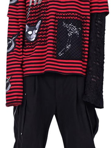 PINKSPINK Striped Patchwork Embroidered Ripped Women's Cotton Long Sleeve T-shirts
