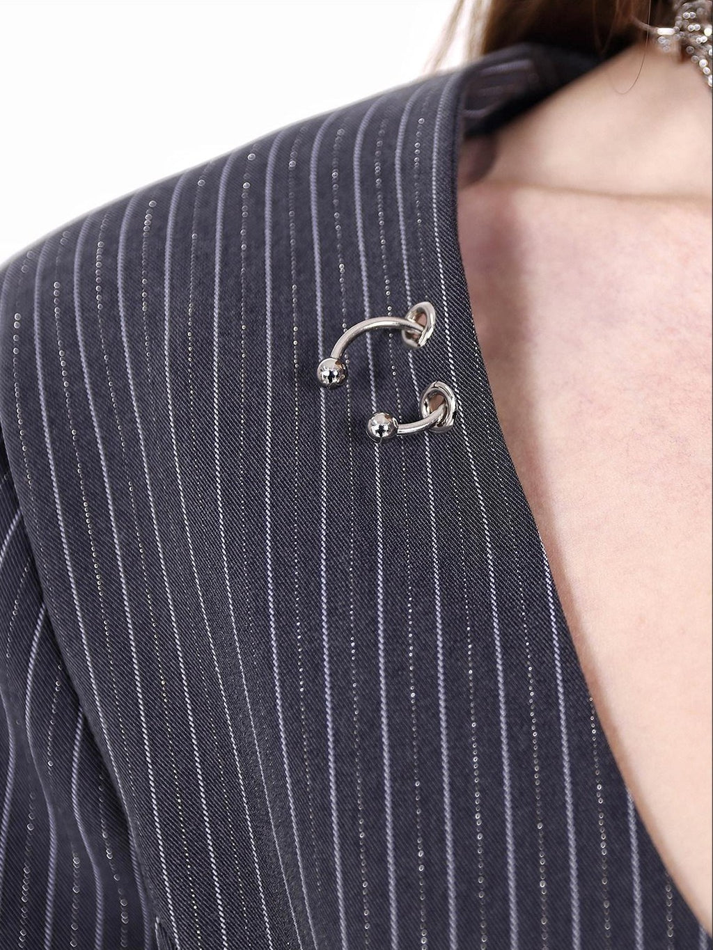 PINKSPINK Striped Silver Cutout Ring Studded Blazer Women's Polyester Casual Mini Dresses