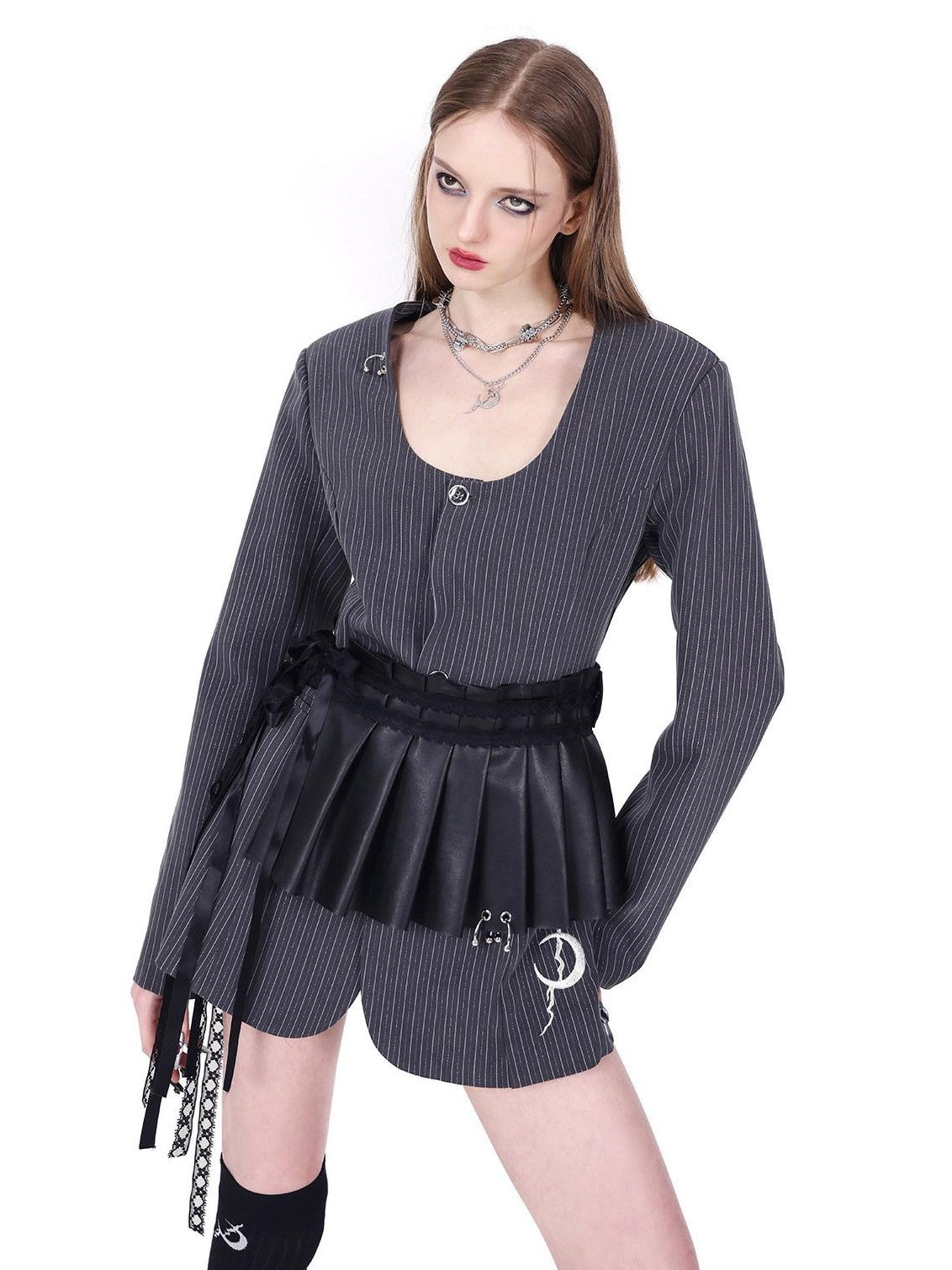 PINKSPINK Striped Silver Cutout Ring Studded Blazer Women's Polyester Casual Mini Dresses