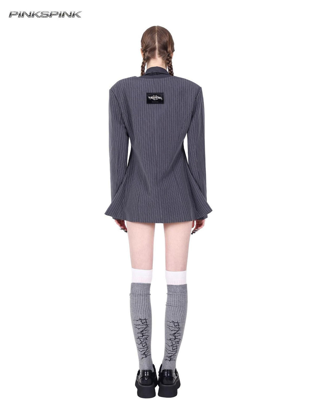 PINKSPINK Striped Silver Cutout Ring Studded Blazer Women's Polyester Casual Mini Dresses