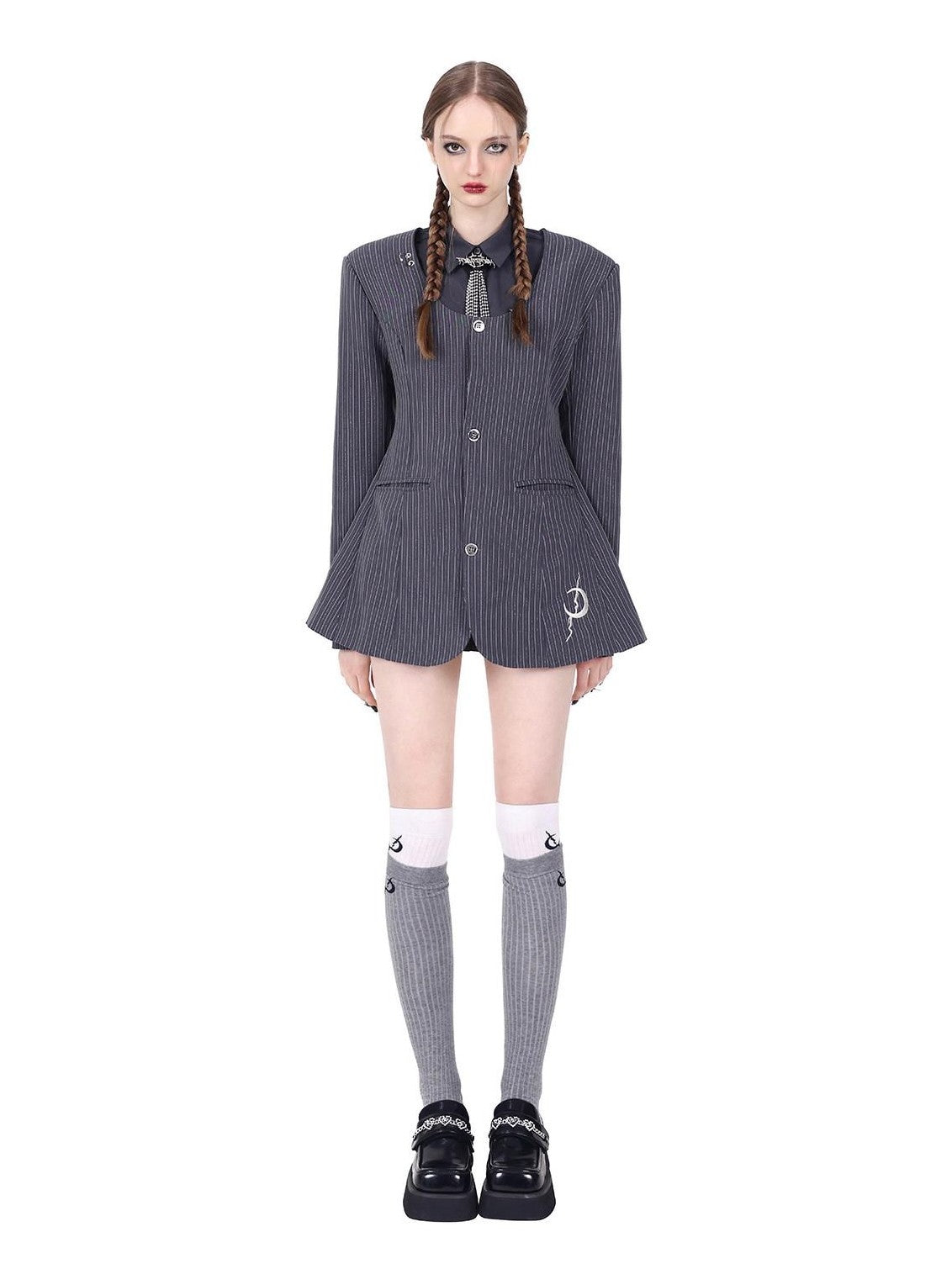 PINKSPINK Striped Silver Cutout Ring Studded Blazer Women's Polyester Casual Mini Dresses