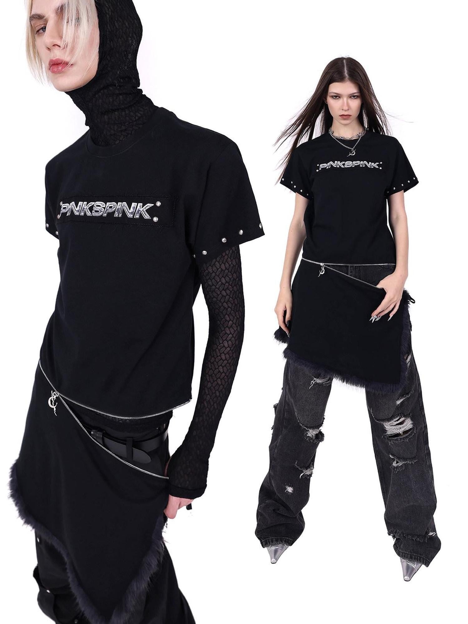 PINKSPINK Studded Deconstructed Zipper Split Women's Mesh Short Sleeve T-shirts