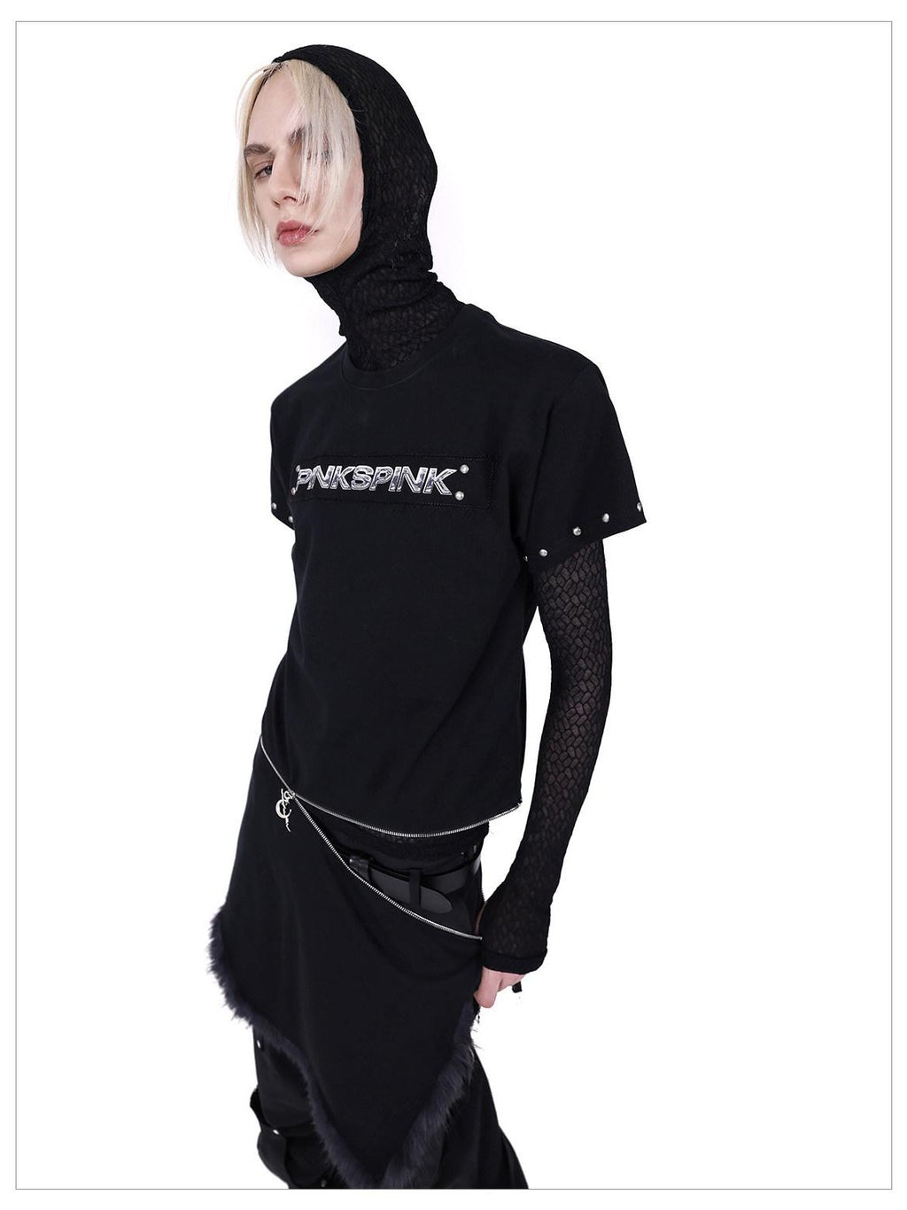 PINKSPINK Studded Deconstructed Zipper Split Women's Mesh Short Sleeve T-shirts