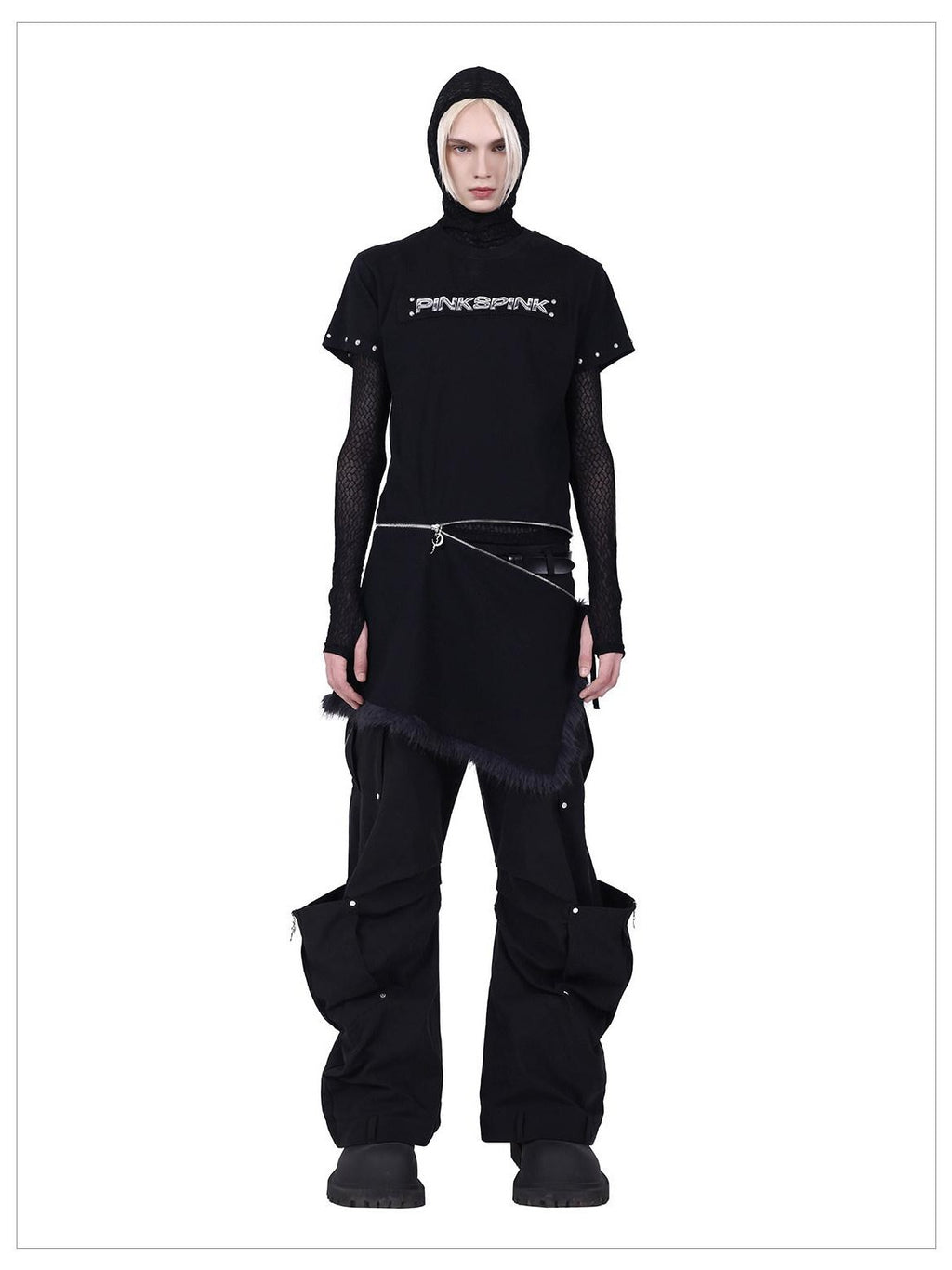 PINKSPINK Studded Deconstructed Zipper Split Women's Mesh Short Sleeve T-shirts