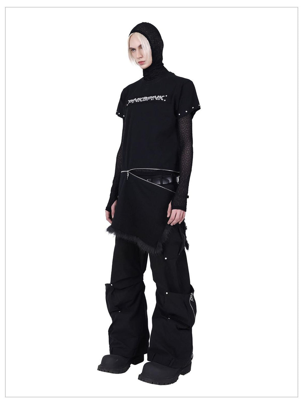 PINKSPINK Studded Deconstructed Zipper Split Women's Mesh Short Sleeve T-shirts