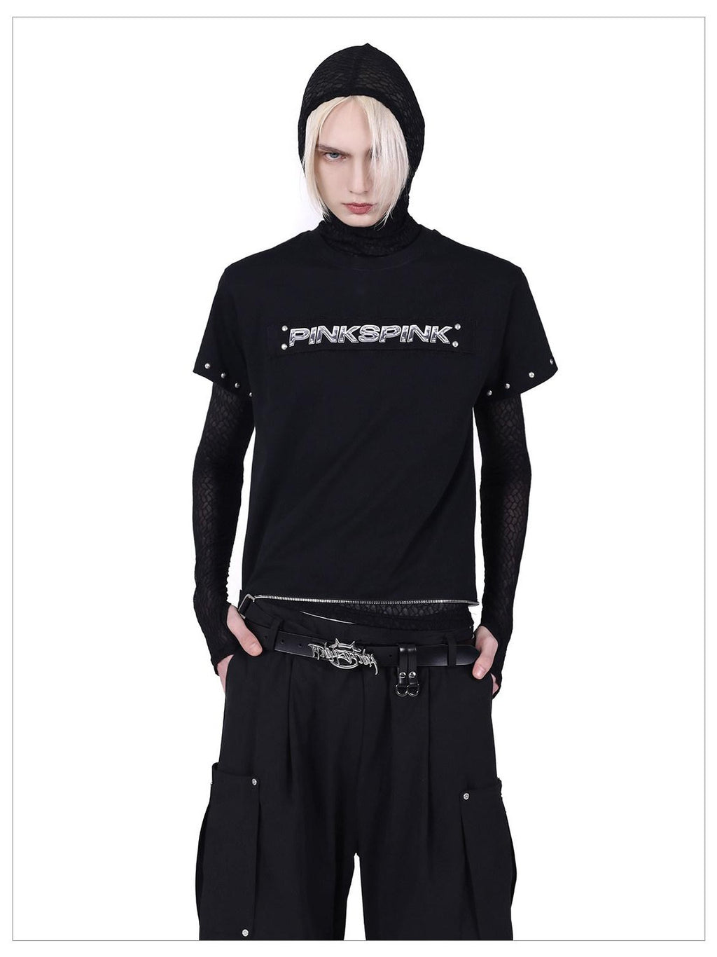 PINKSPINK Studded Deconstructed Zipper Split Women's Mesh Short Sleeve T-shirts