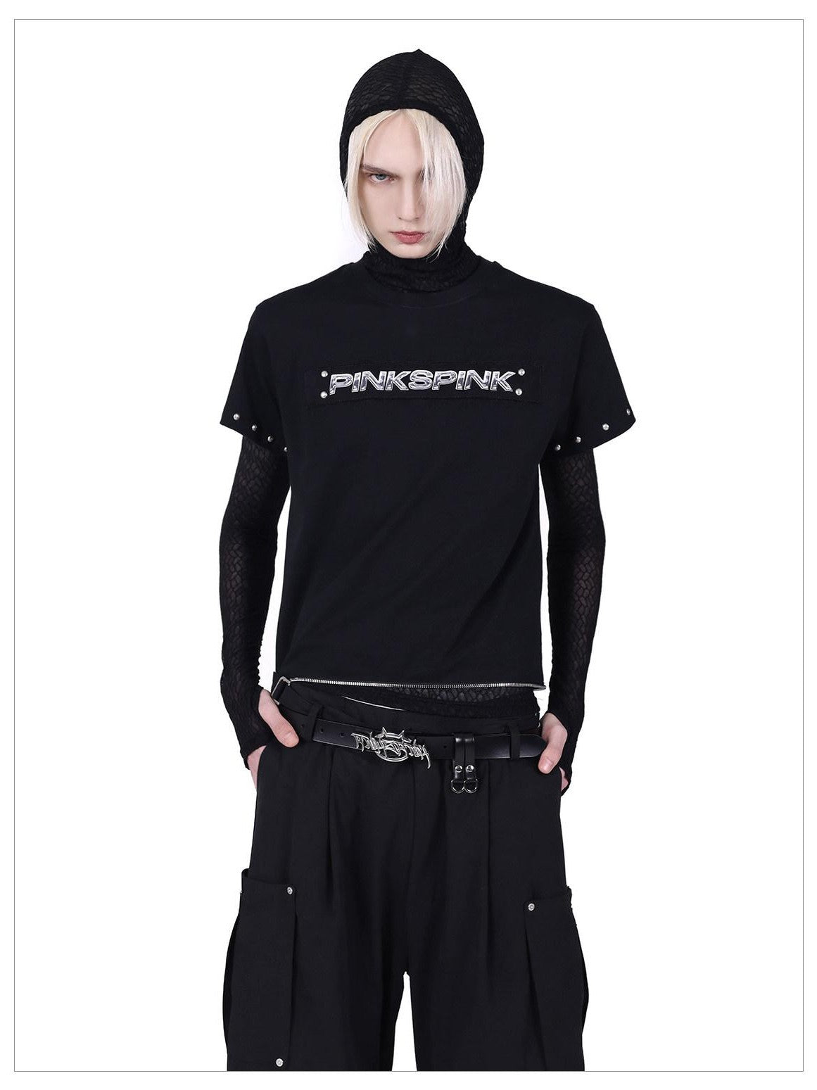 PINKSPINK Studded Deconstructed Zipper Split Women's Mesh Short Sleeve T-shirts