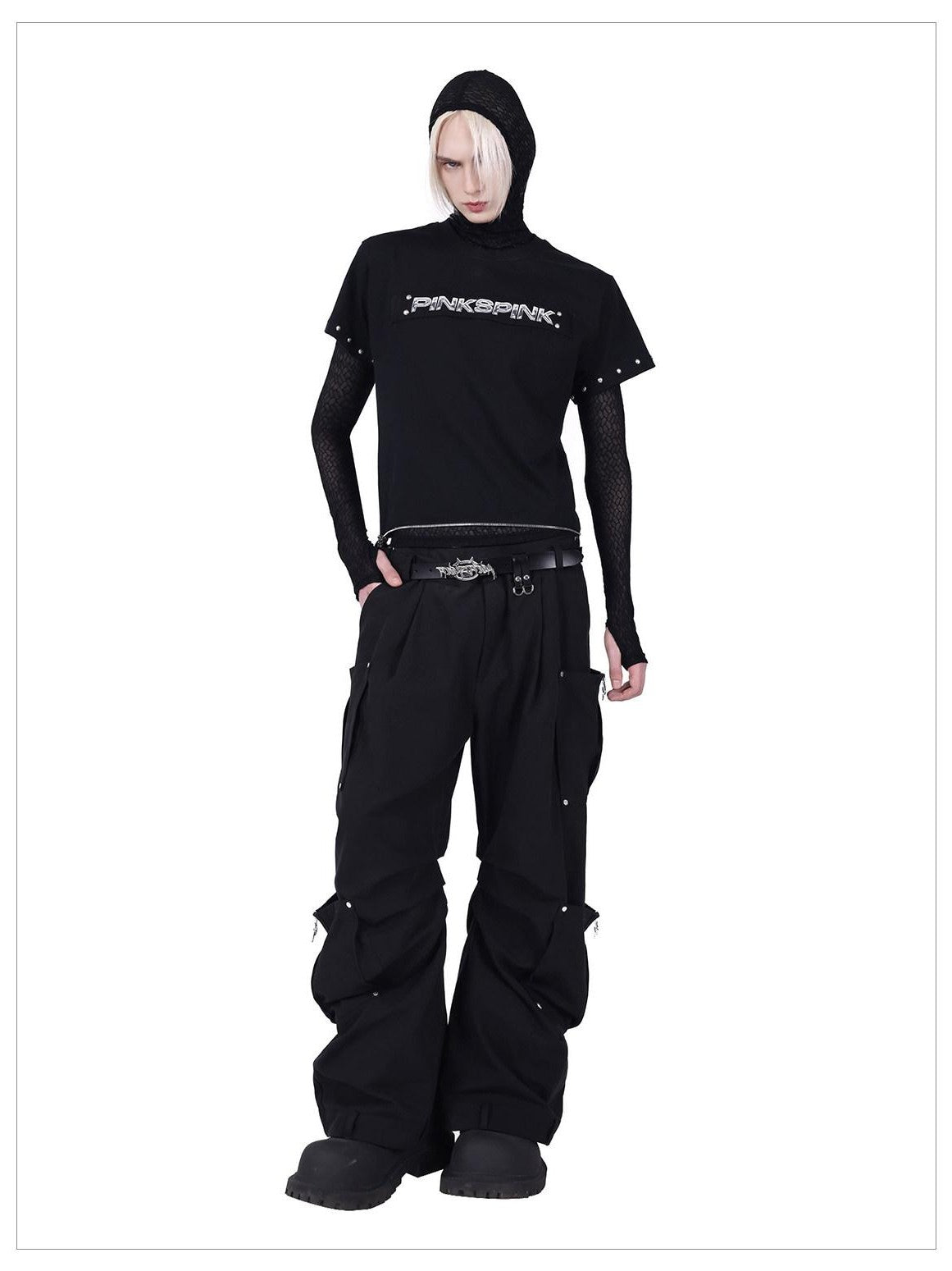 PINKSPINK Studded Deconstructed Zipper Split Women's Mesh Short Sleeve T-shirts