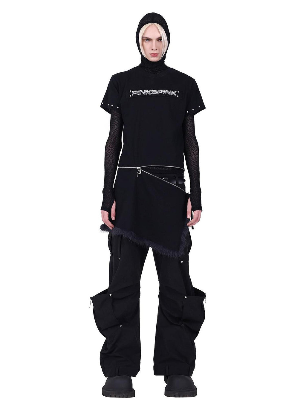 PINKSPINK Studded Deconstructed Zipper Split Women's Mesh Short Sleeve T-shirts