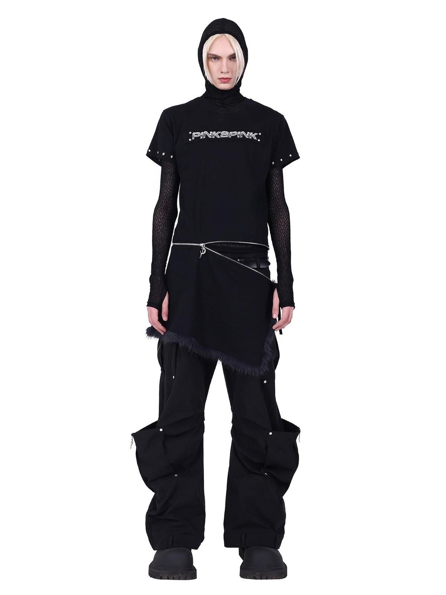 PINKSPINK Studded Deconstructed Zipper Split Women's Mesh Short Sleeve T-shirts