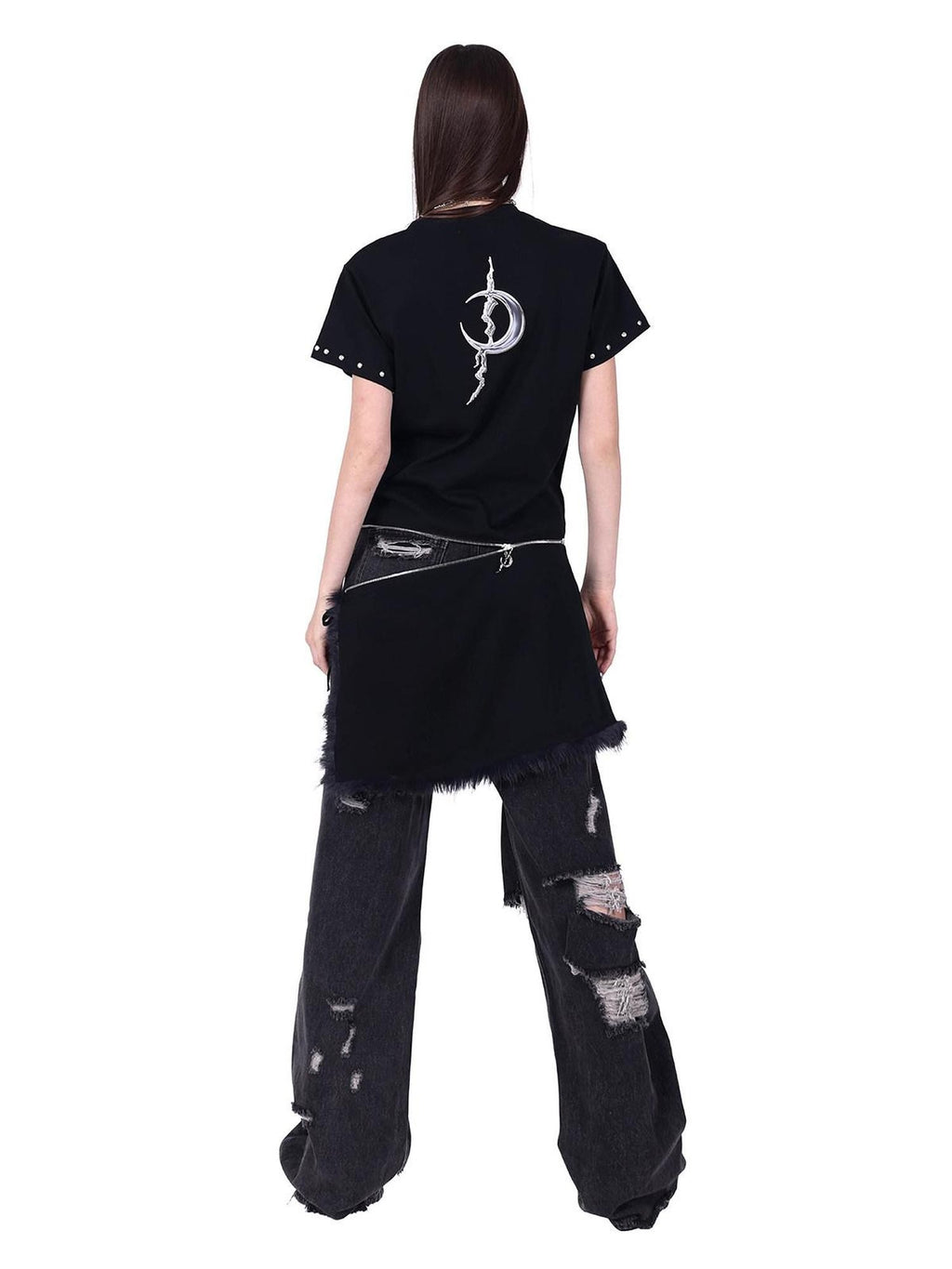 PINKSPINK Studded Deconstructed Zipper Split Women's Mesh Short Sleeve T-shirts