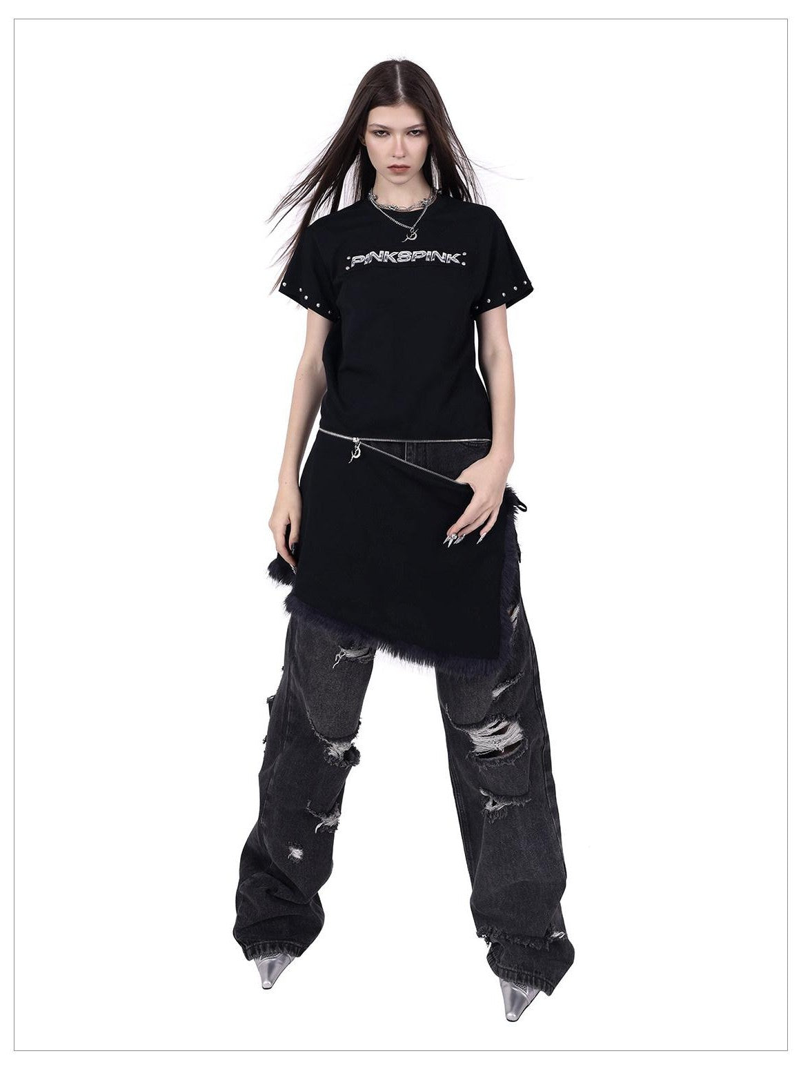 PINKSPINK Studded Deconstructed Zipper Split Women's Mesh Short Sleeve T-shirts