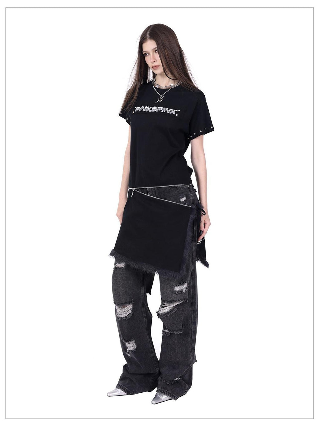 PINKSPINK Studded Deconstructed Zipper Split Women's Mesh Short Sleeve T-shirts