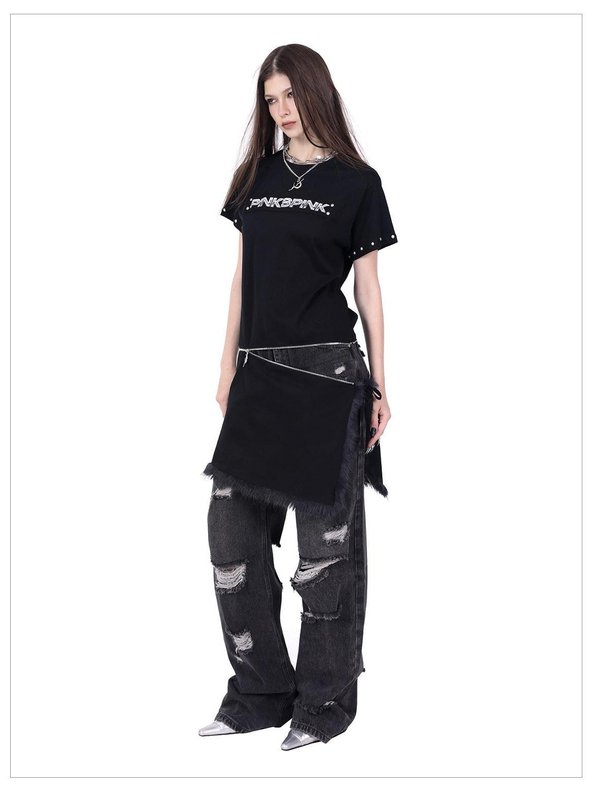 PINKSPINK Studded Deconstructed Zipper Split Women's Mesh Short Sleeve T-shirts