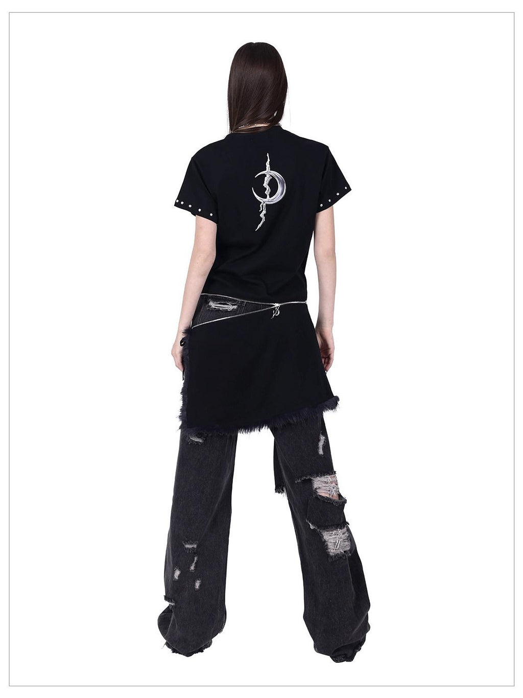 PINKSPINK Studded Deconstructed Zipper Split Women's Mesh Short Sleeve T-shirts