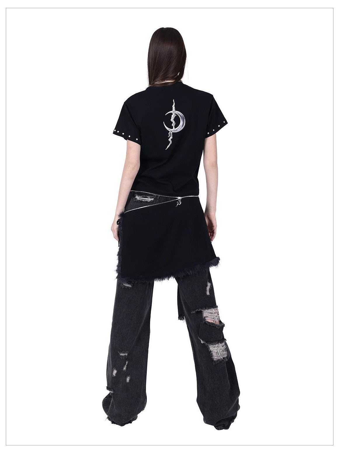 PINKSPINK Studded Deconstructed Zipper Split Women's Mesh Short Sleeve T-shirts