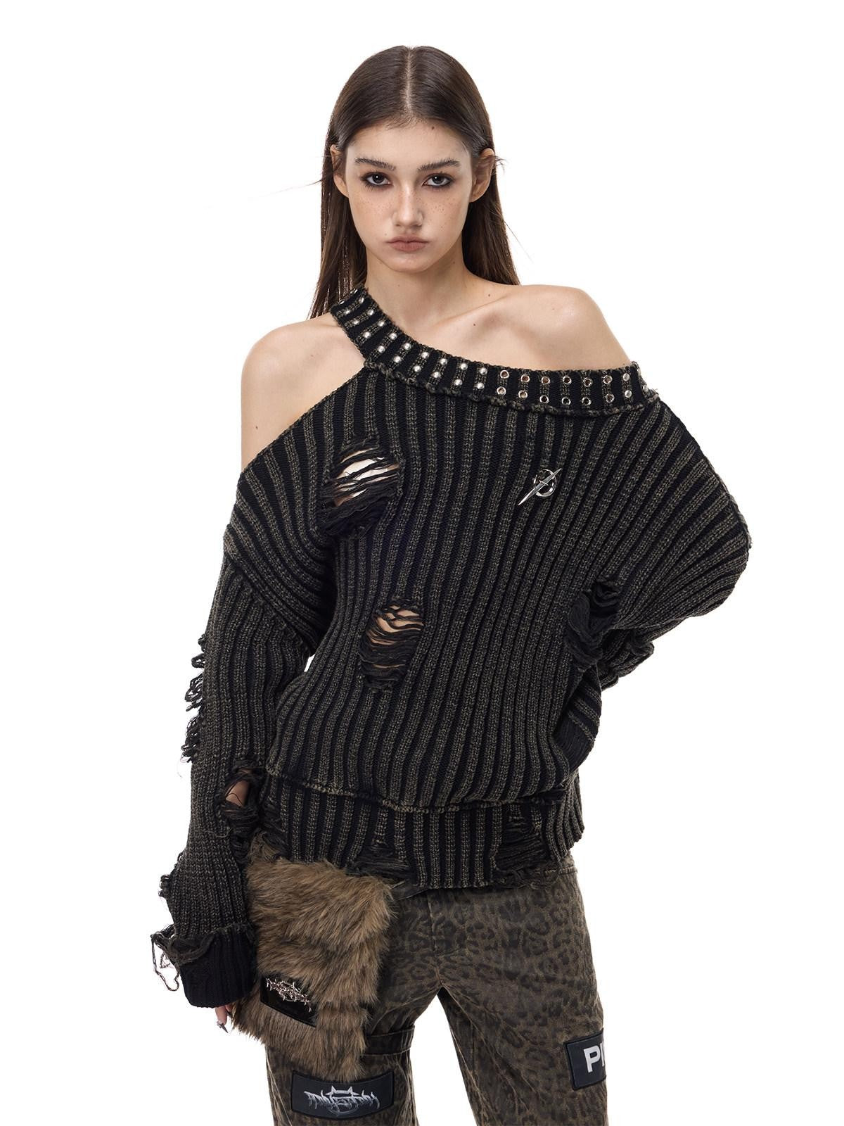 PINKSPINK Studded Distressed Beaded Women's Acrylic Off-shoulder Sweaters