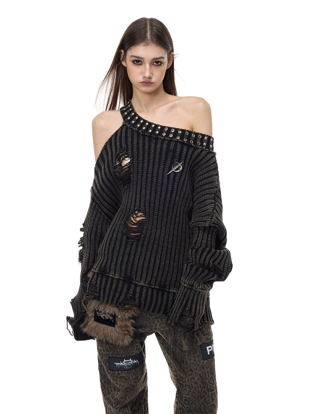 PINKSPINK Studded Distressed Beaded Women's Acrylic Off-shoulder Sweaters