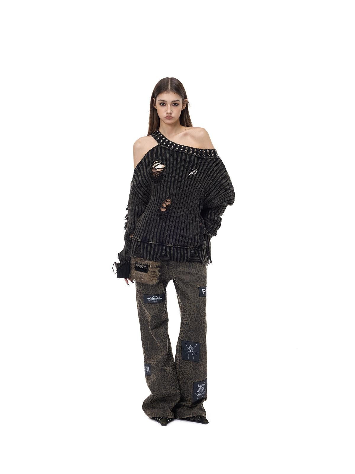 PINKSPINK Studded Distressed Beaded Women's Acrylic Off-shoulder Sweaters