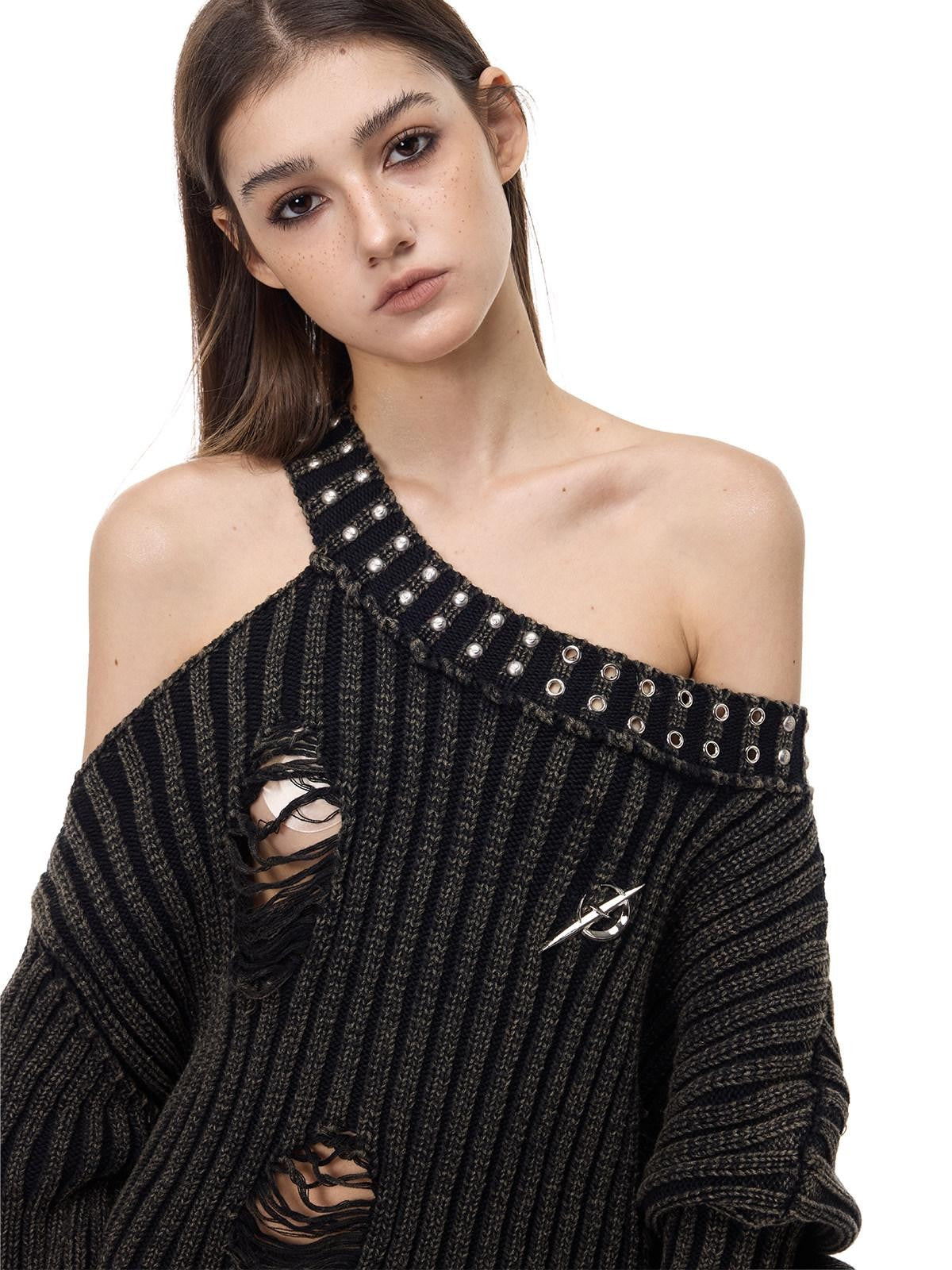 PINKSPINK Studded Distressed Beaded Women's Acrylic Off-shoulder Sweaters
