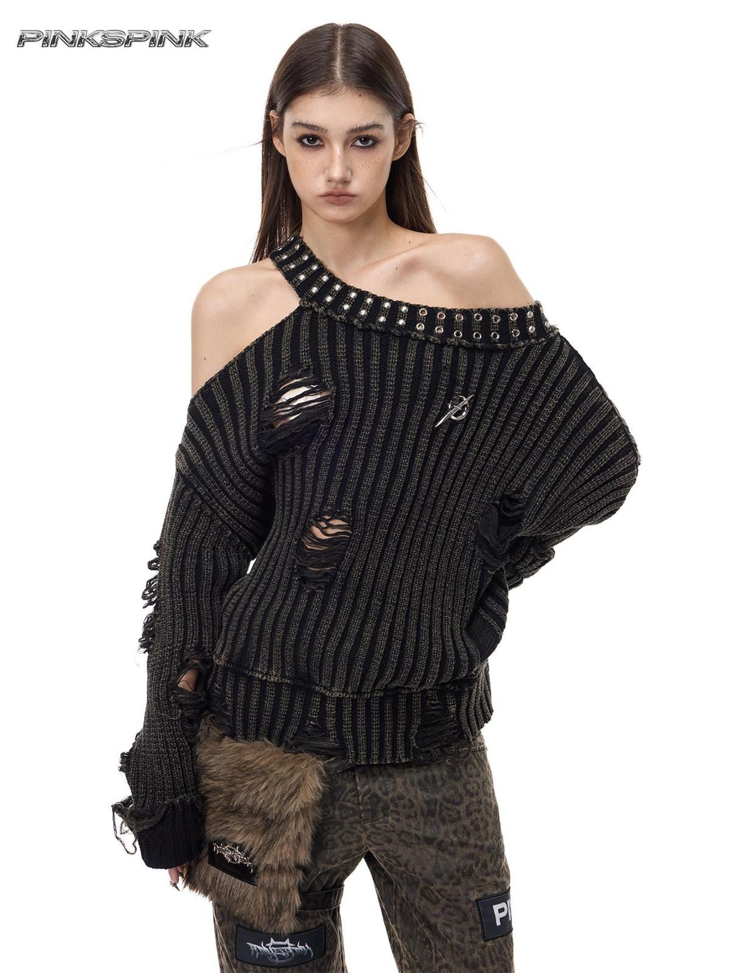 PINKSPINK Studded Distressed Beaded Women's Acrylic Off-shoulder Sweaters
