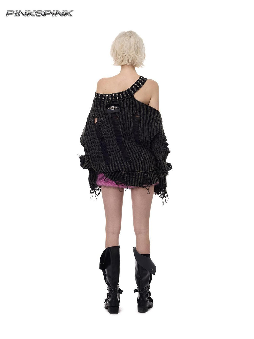 PINKSPINK Studded Distressed Beaded Women's Acrylic Off-shoulder Sweaters
