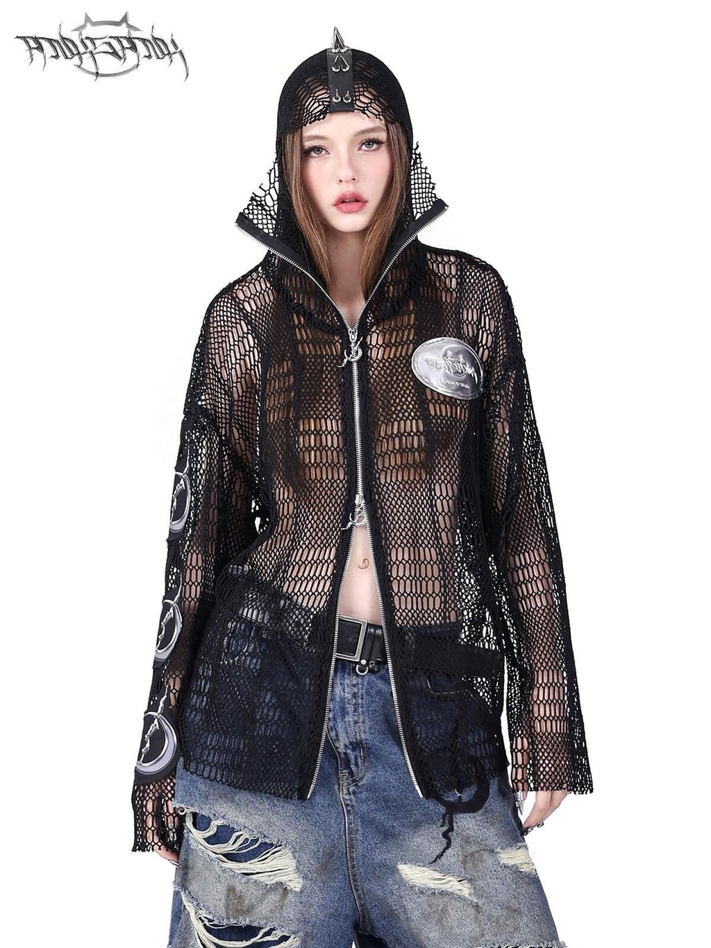 PINKSPINK Studded Patch Embroidered Hooded Zipper Women's Cotton Long Sleeve T-shirts