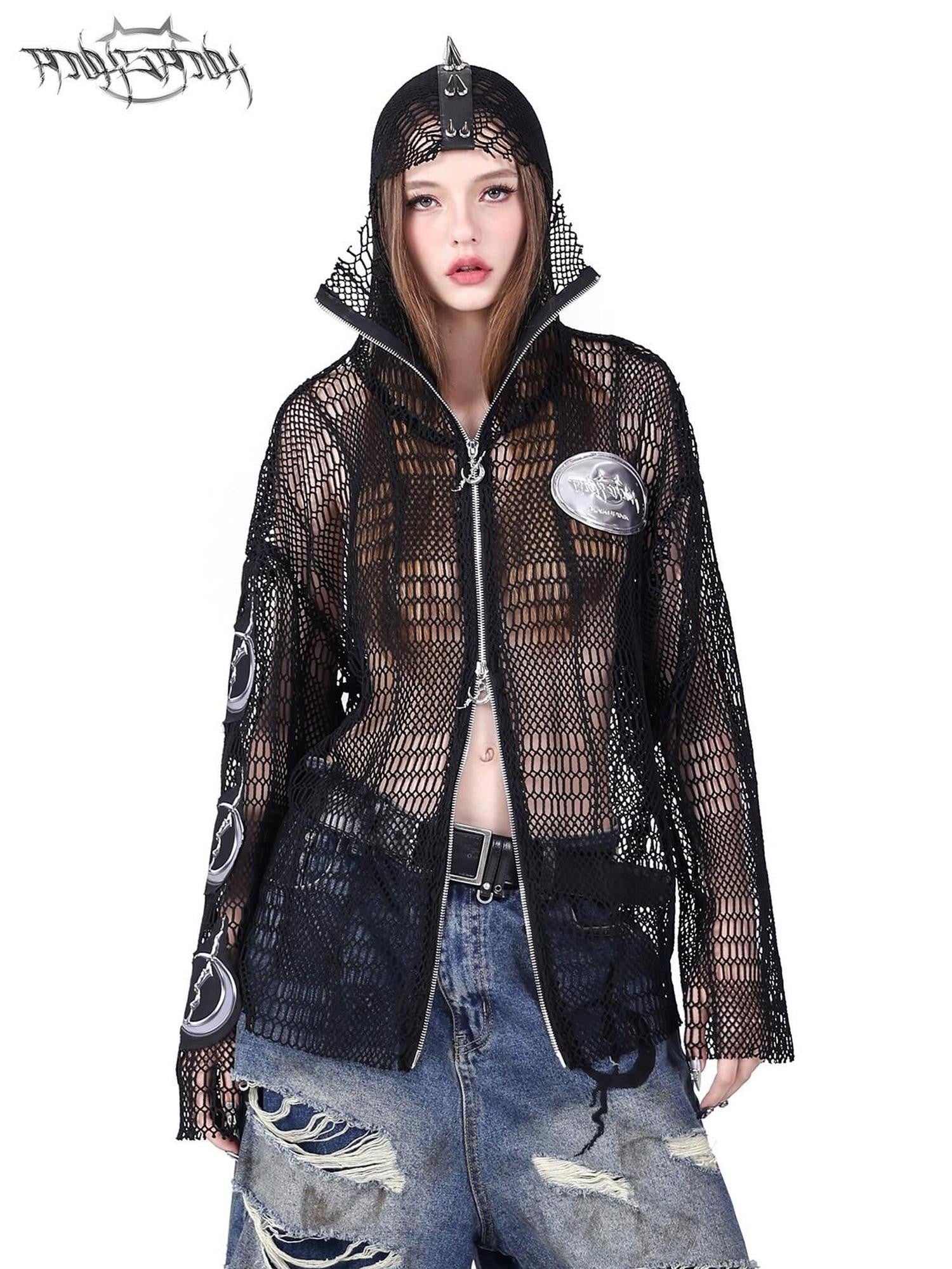 PINKSPINK Studded Patch Hooded Mesh Women's Cotton Long Sleeve T-shirts