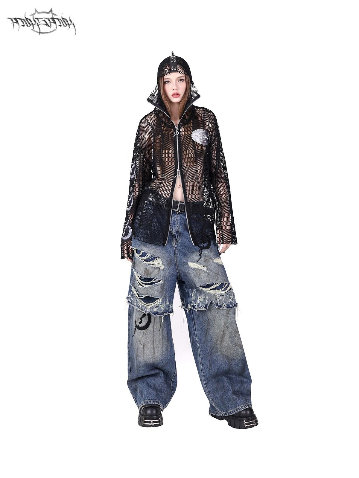 PINKSPINK Studded Patch Hooded Mesh Women's Cotton Long Sleeve T-shirts