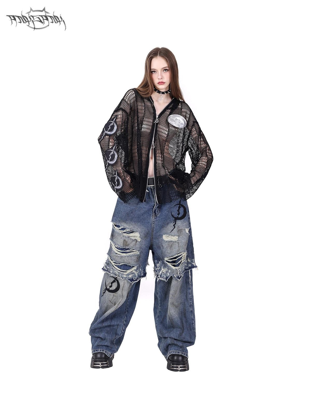 PINKSPINK Studded Patch Hooded Mesh Women's Cotton Long Sleeve T-shirts