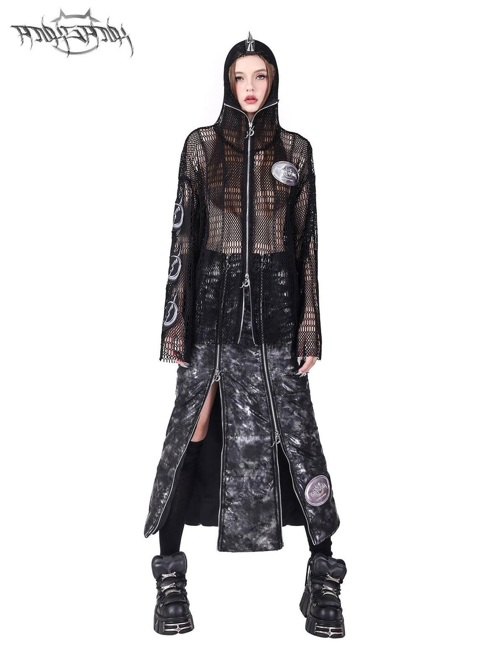 PINKSPINK Studded Patch Hooded Mesh Women's Cotton Long Sleeve T-shirts