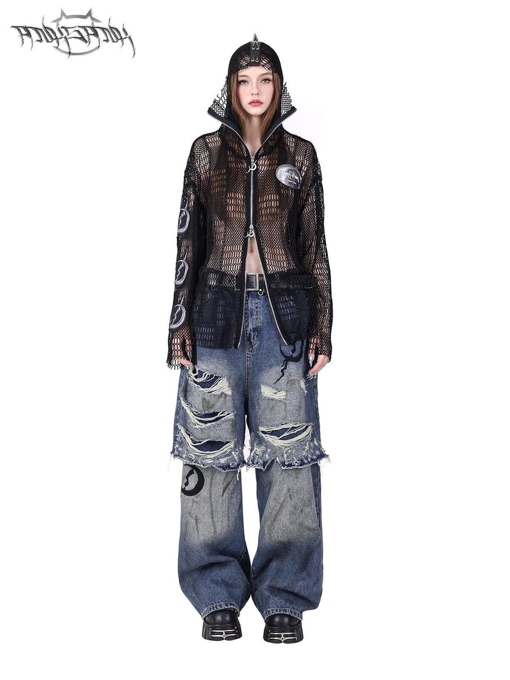 PINKSPINK Studded Patch Hooded Mesh Women's Cotton Long Sleeve T-shirts