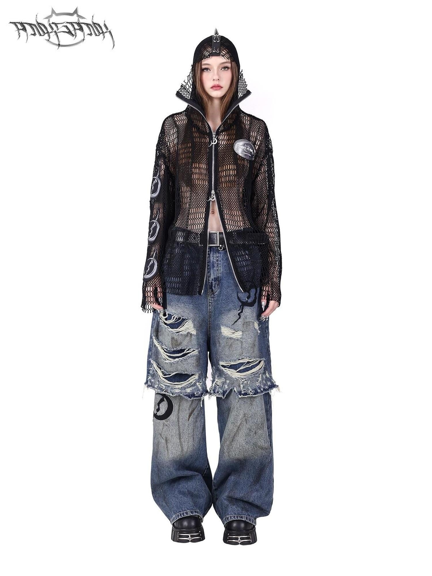 PINKSPINK Studded Patch Hooded Mesh Women's Cotton Long Sleeve T-shirts