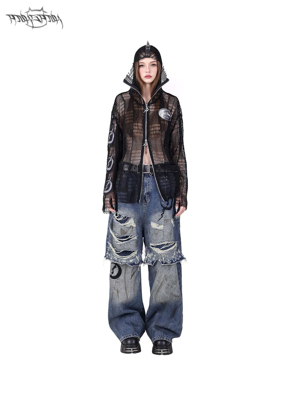 PINKSPINK Studded Patch Hooded Mesh Women's Cotton Long Sleeve T-shirts
