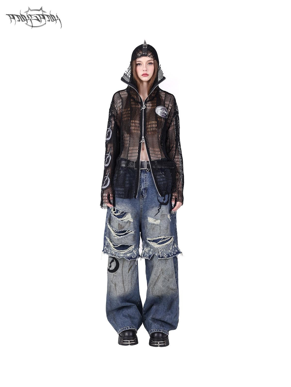 PINKSPINK Studded Patch Hooded Mesh Women's Cotton Long Sleeve T-shirts