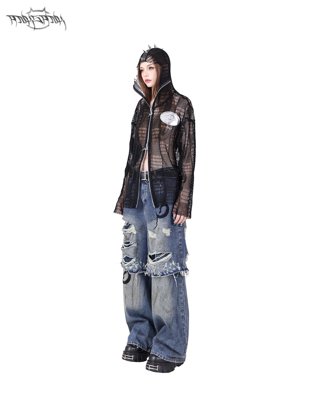 PINKSPINK Studded Patch Hooded Mesh Women's Cotton Long Sleeve T-shirts