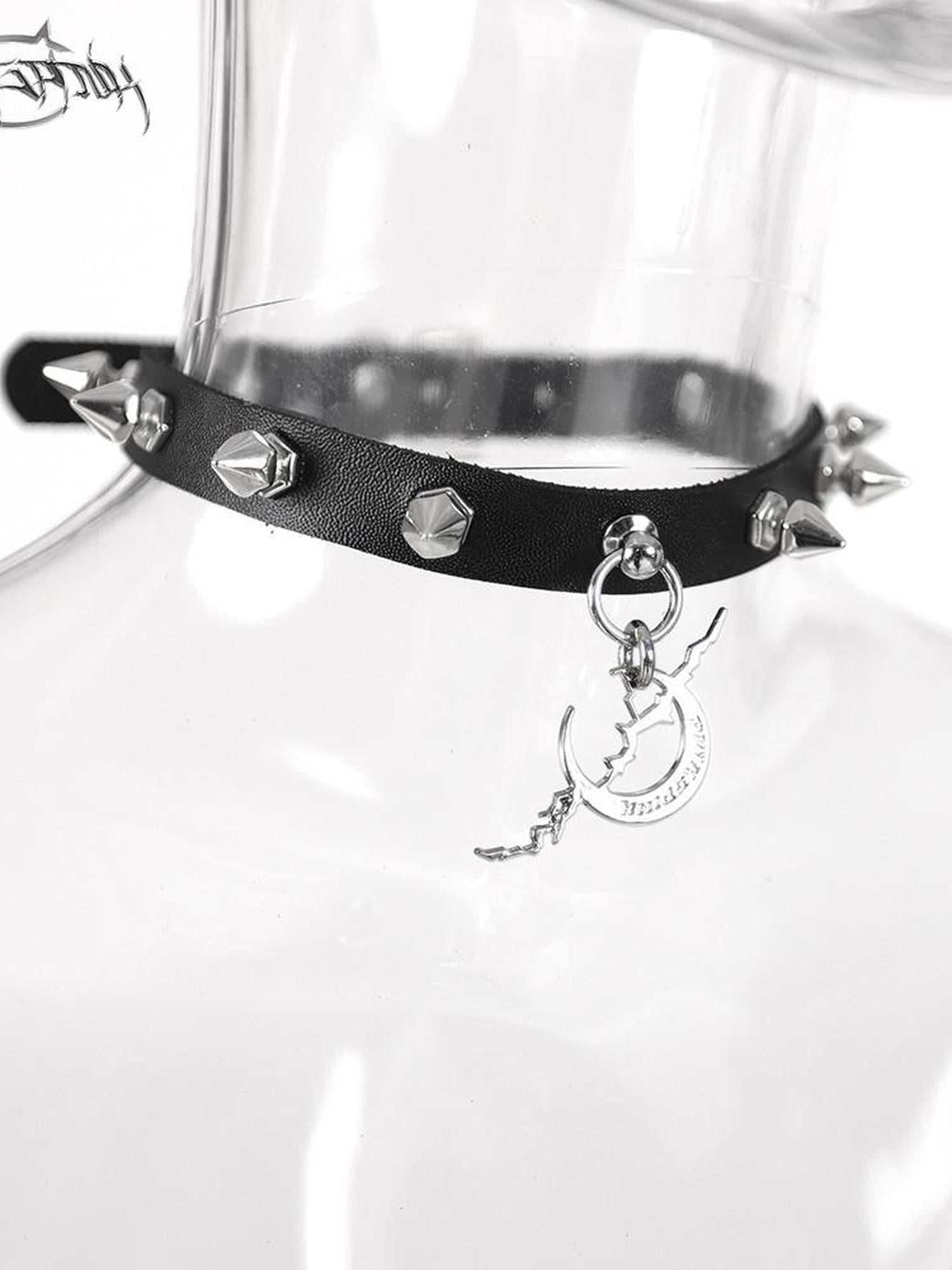 PINKSPINK Studded Punk Rock Electric Moon Pendant Women's Leather Necklaces