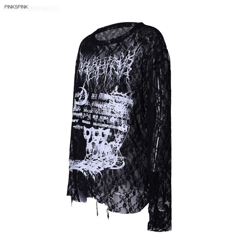 PINKSPINK_Thorn_Cat_Print_Distressed_Lace_Loose_Women's_Cotton_Long_Sleeve_T-shirts_928004952964_MISSTT