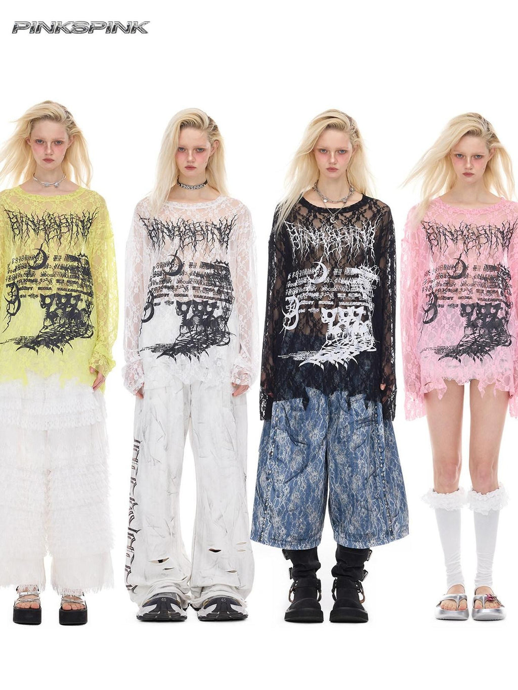 PINKSPINK Thorn Cat Print Distressed Lace Loose Women's Cotton Long Sleeve T-shirts
