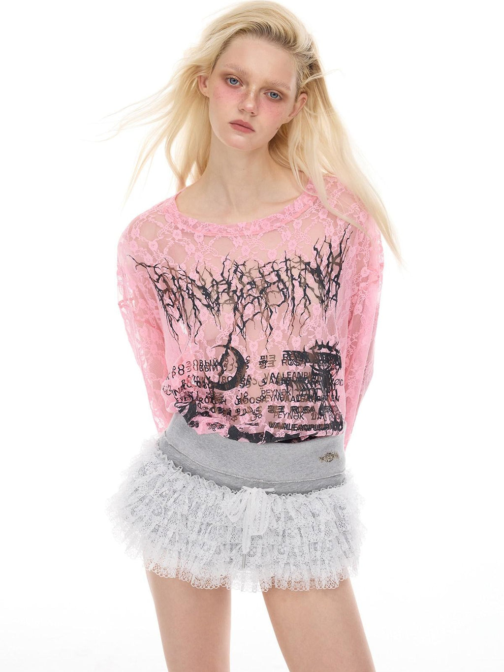 PINKSPINK Thorn Cat Print Distressed Lace Loose Women's Cotton Long Sleeve T-shirts