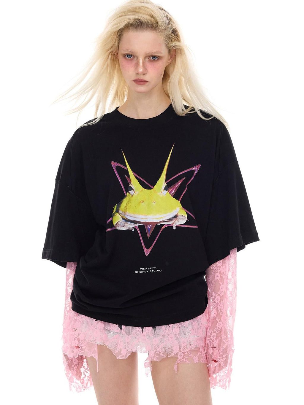 PINKSPINK Thorn Cat Print Distressed Lace Loose Women's Cotton Long Sleeve T-shirts