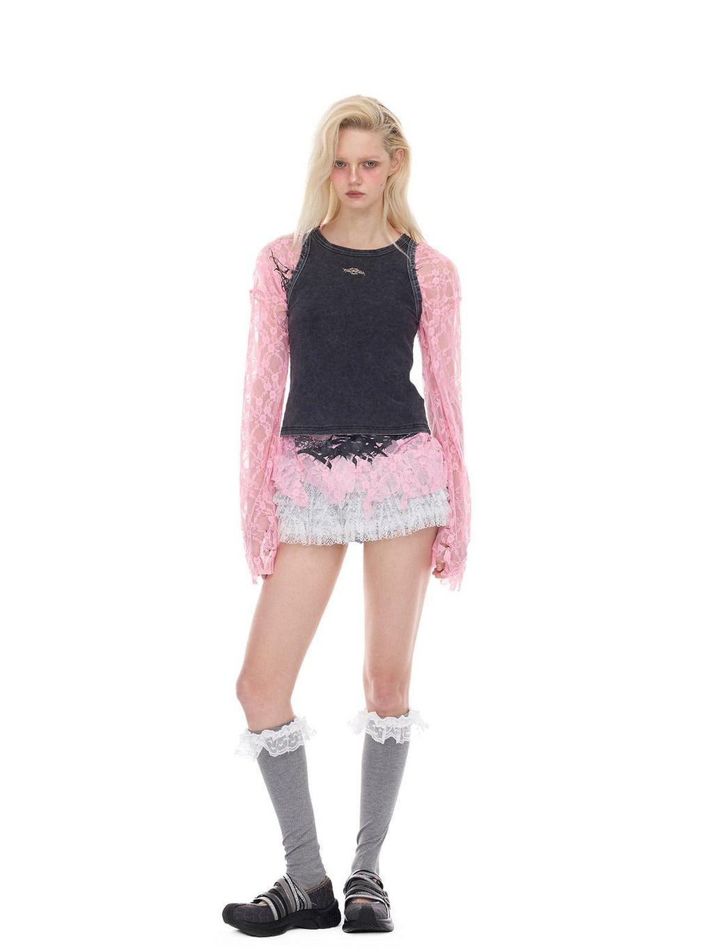 PINKSPINK Thorn Cat Print Distressed Lace Loose Women's Cotton Long Sleeve T-shirts