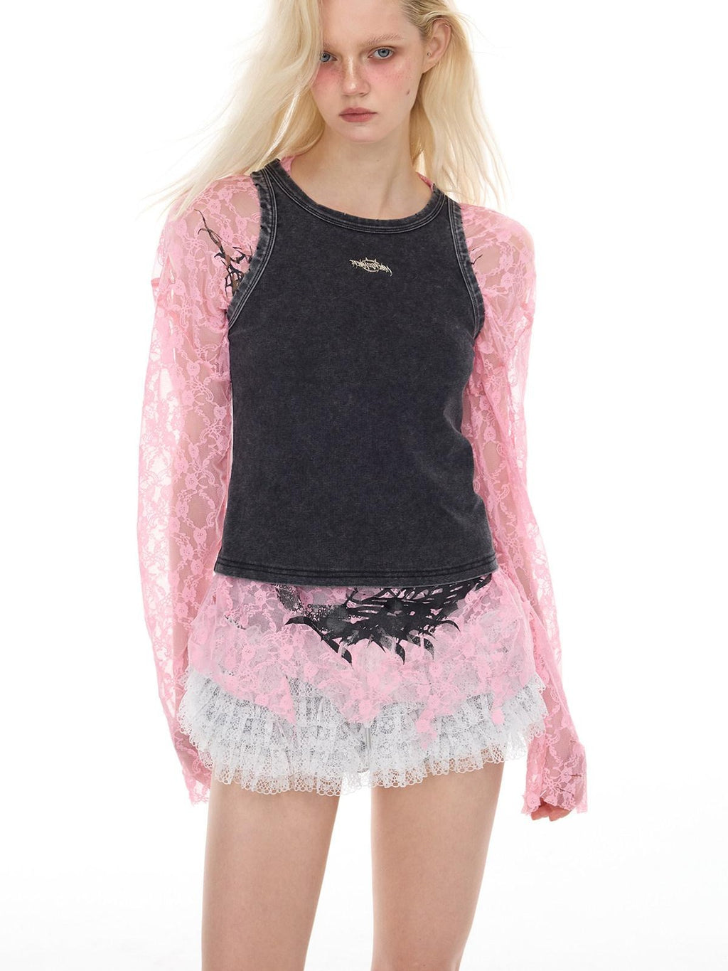 PINKSPINK Thorn Cat Print Distressed Lace Loose Women's Cotton Long Sleeve T-shirts