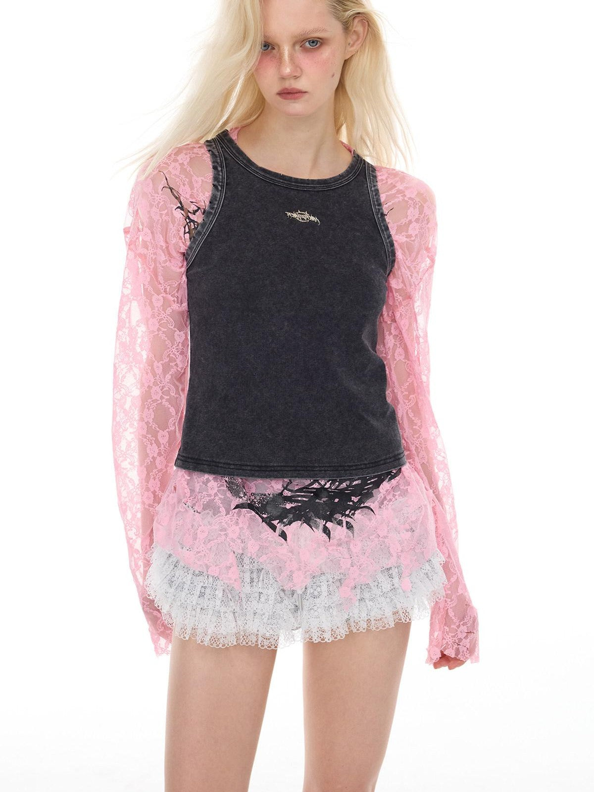 PINKSPINK Thorn Cat Print Distressed Lace Loose Women's Cotton Long Sleeve T-shirts
