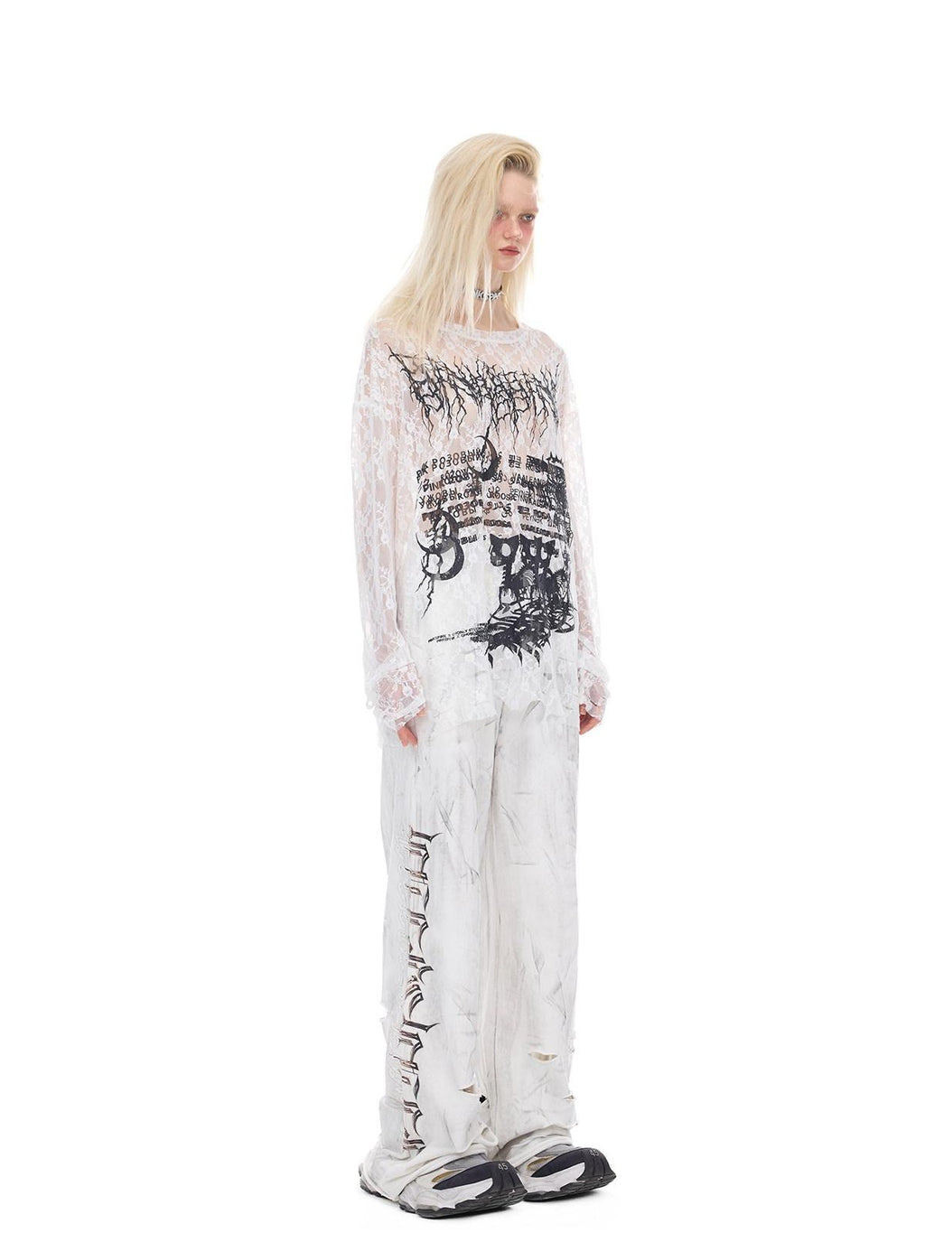 PINKSPINK Thorn Cat Print Distressed Lace Loose Women's Cotton Long Sleeve T-shirts